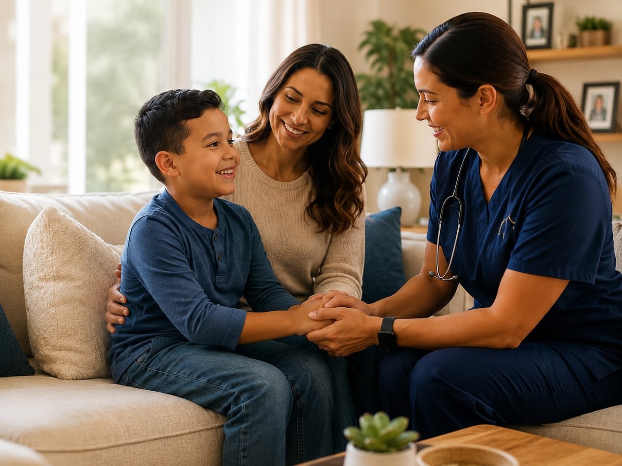 Home health nurse speaking with a mother and child in their living room.